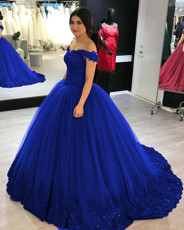 Off Shoulder Tulle V Neck Lace Burgundy Wedding Dresses Ball Gowns US12 Royal Blue