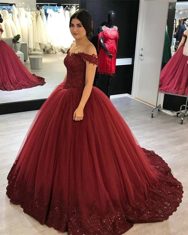 Off Shoulder Tulle V Neck Lace Burgundy Wedding Dresses Ball Gowns US12 Royal Blue