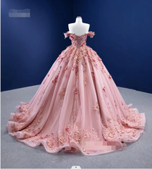 Off The Shoulder 3D Flowers Ball Gown Pink Quinceanera Dresses MyChicDress