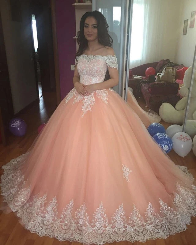 Off The Shoulder Lace Pink Quinceanera Dresses Ball Gown Sweet 16 Dress MyChicDress