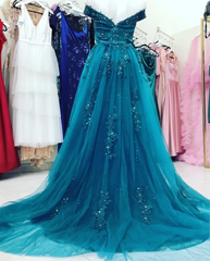 Off The Shoulder Prom Dresses 2024 Green Mermaid Lace Evening Dress Detachable Train MyChicDress