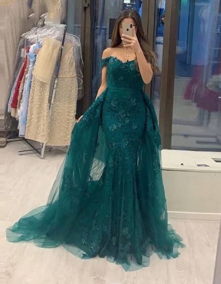 Off The Shoulder Prom Dresses 2024 Green Mermaid Lace Evening Dress Detachable Train MyChicDress