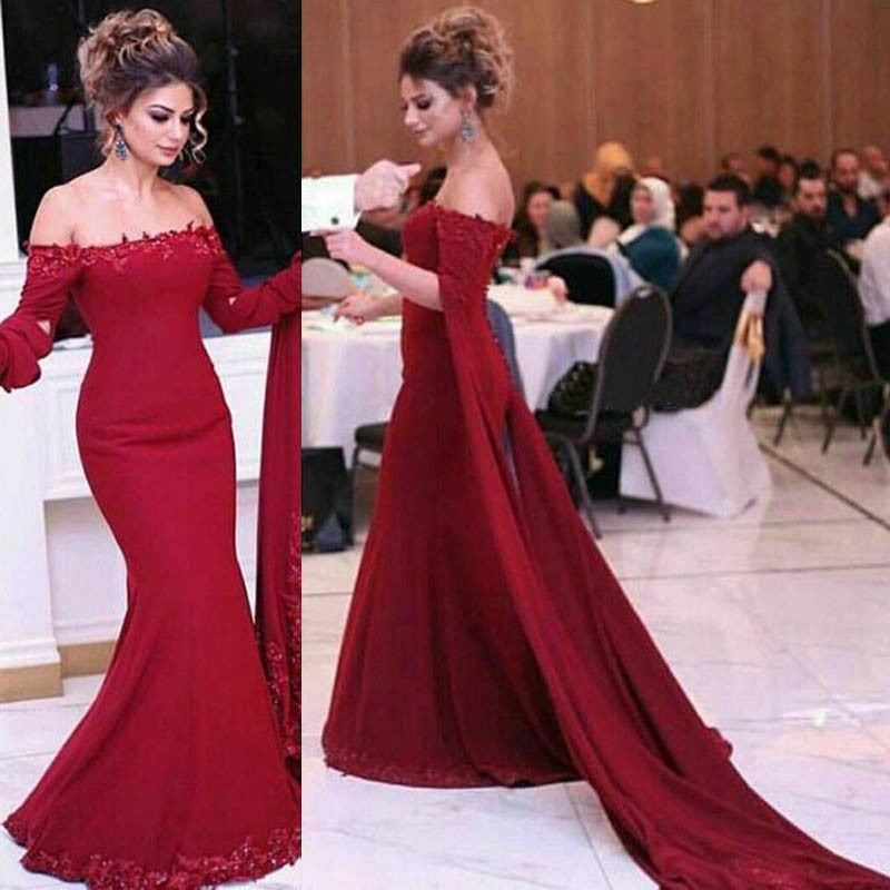 Off-shoulder Lace Burgundy Prom Dresses Appliques Mermaid Gowns - MyChicDress