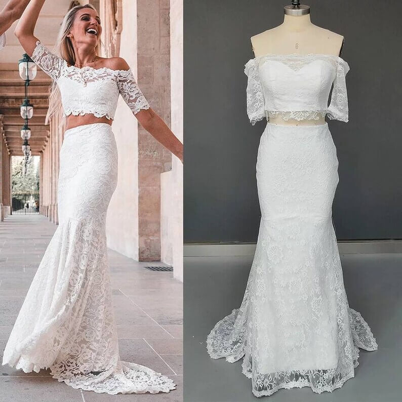 Off The Shoulder 2 Piece Beach Lace Wedding Dress Summer Bridal Dress Short Sleeves US6 White