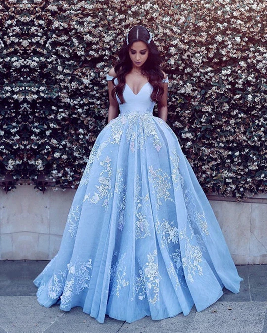 Off the Shoulder Blue Prom Dresses 2024 Lace A Line Evening Gowns MyChicDress