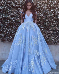 Off the Shoulder Blue Prom Dresses 2024 Lace A Line Evening Gowns MyChicDress