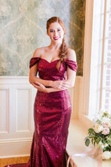 Off the Shoulder Burgundy Sequin Prom Dresses Long Wedding Guest Dress MyChicDress