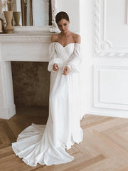 Off the Shoulder Chiffon Beach Puff Sleeve Wedding Dresses MyChicDress