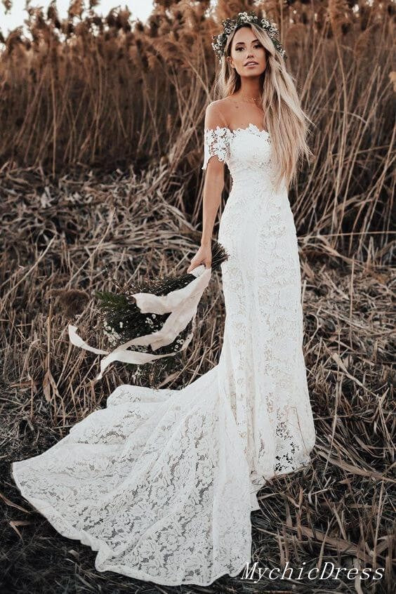 Off the Shoulder Lace Beach Boho Wedding Dresses Mermaid Bridal Wears MyChicDress