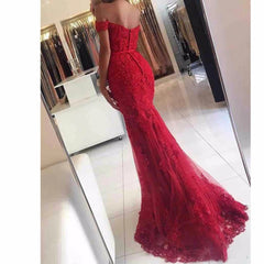 Off the Shoulder Lace Mermaid Burgundy Prom Dresses MyChicDress