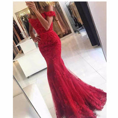 Off the Shoulder Lace Mermaid Burgundy Prom Dresses MyChicDress