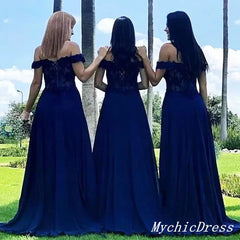 Off the Shoulder Lace Navy Blue Bridesmaid Dresses Sequins Wedding Guest Dress MyChicDress