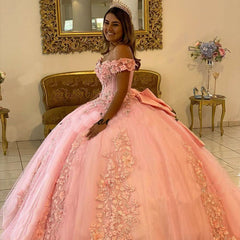 Off the Shoulder Lace Pink Quinceanera Dresses Applique Beaded Ball Gowns MyChicDress