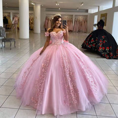 Off the Shoulder Lace Pink Quinceanera Dresses Applique Beaded Ball Gowns MyChicDress