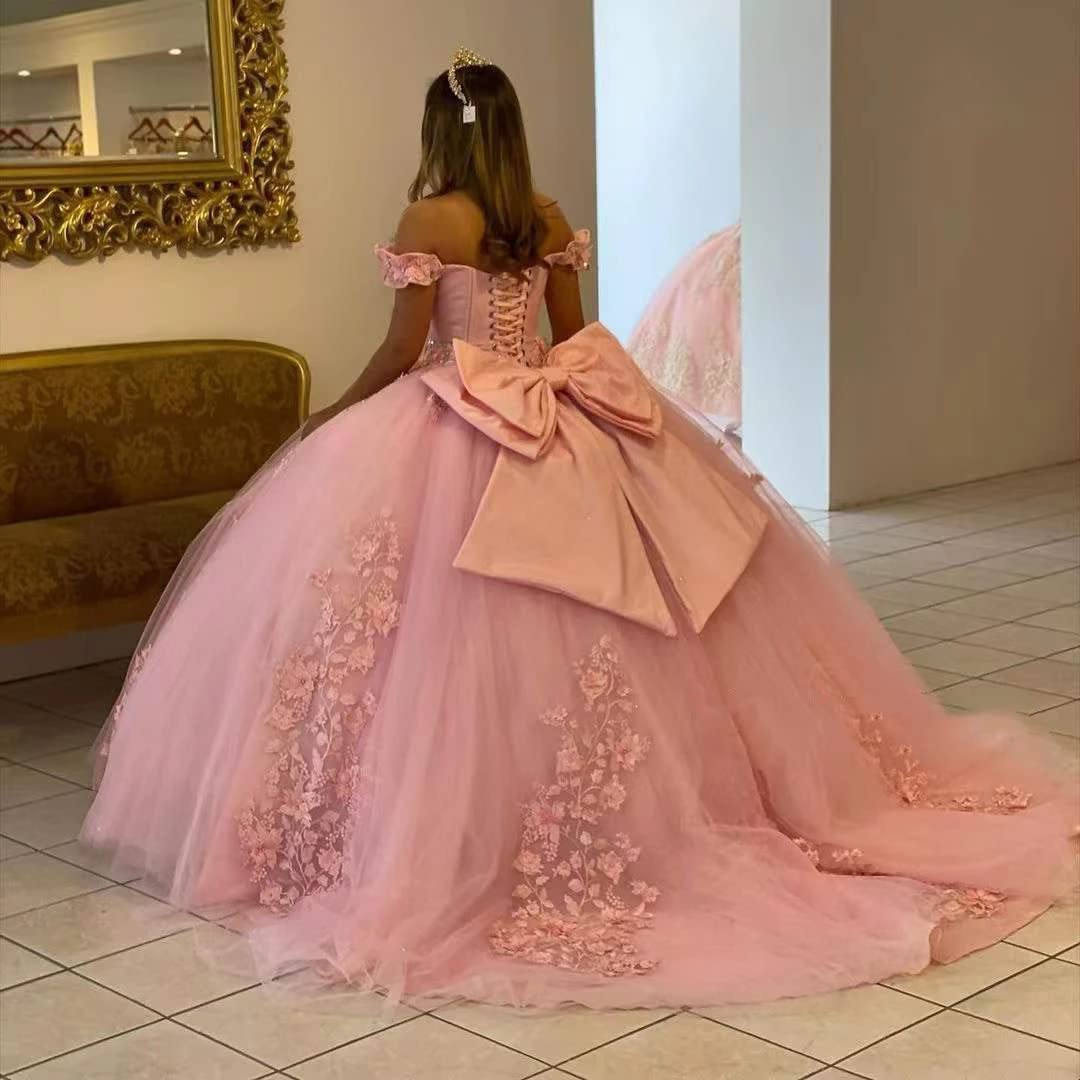 Off the Shoulder Lace Pink Quinceanera Dresses Applique Beaded Ball Gowns MyChicDress