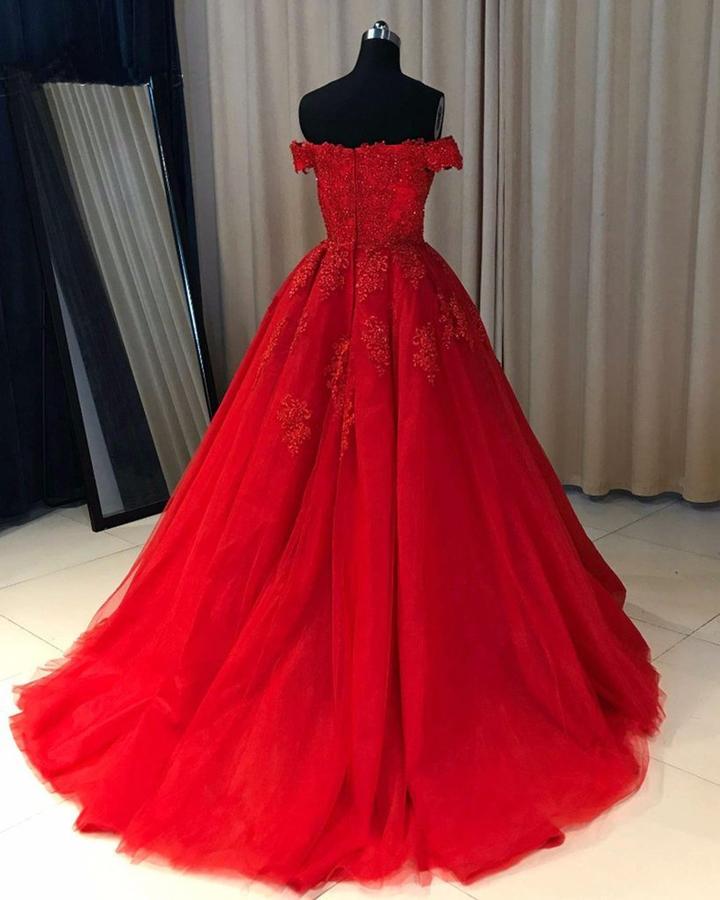 Off the Shoulder Lace Red Prom Dresses A Line Sequin Evening Gowns MyChicDress