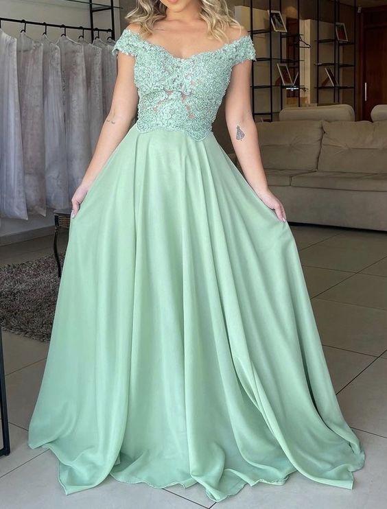 Off the Shoulder Lace Sage Green Prom Dresses Long Chiffon Formal Dress MyChicDress