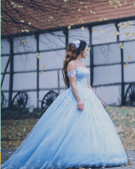 Off the Shoulder Light Blue Lace Ball Gown Quinceanera Dresses MyChicDress