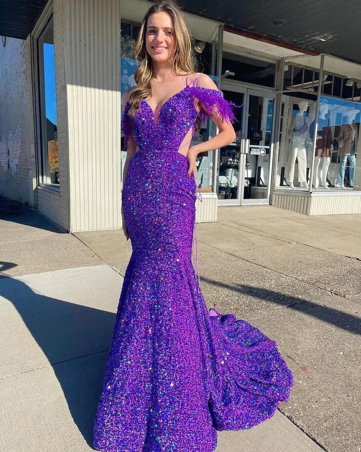 Off the Shoulder Long Iridescent Sequins Purple Prom Dresses with Feather MyChicDress