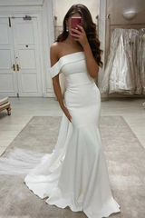 Off the Shoulder Mermaid Satin Bridal Dress UK Long Ivory Wedding Dress MyChicDress