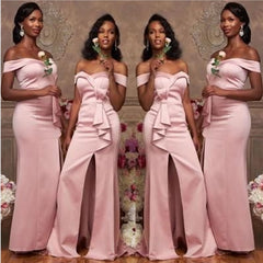 Off the Shoulder Pink Satin Bridesmaid Dresses Long Wedding Guest Dress MyChicDress