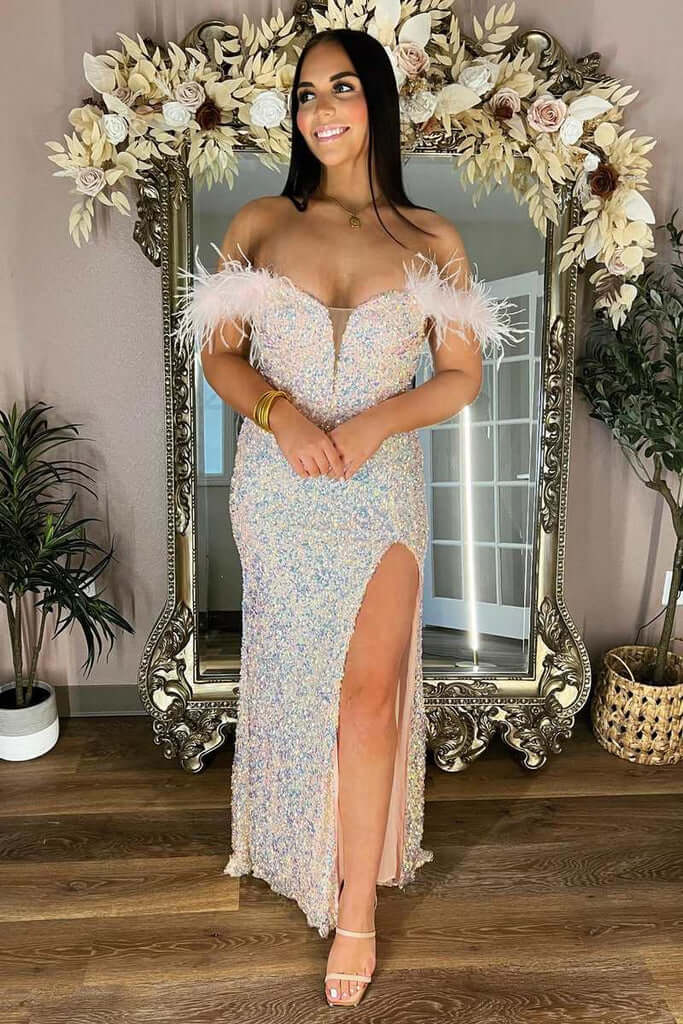 Off the Shoulder Plus Size Prom Dresses Iridescent Sequin Feathers with Slit MyChicDress