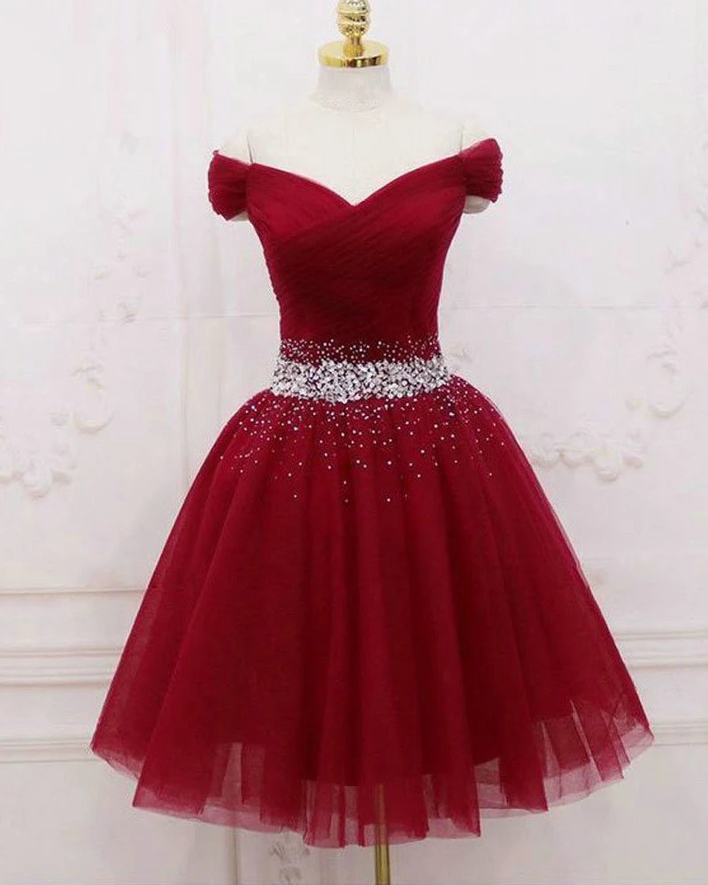 Off the Shoulder Red Short Homecoming Dress Beaded Tulle Lace Up MyChicDress