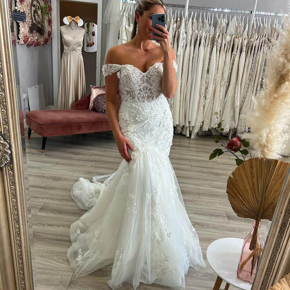 Off Shoulder Lace Wedding Dresses Mermaid Tulle Bridal Gowns