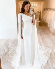 One Shoulder Long White Satin Wedding Dresses with Cape MyChicDress