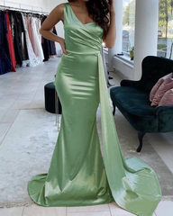 One Shoulder Mermaid Sage Green Prom Dresses UK Wedding Guest Dresses MyChicDress