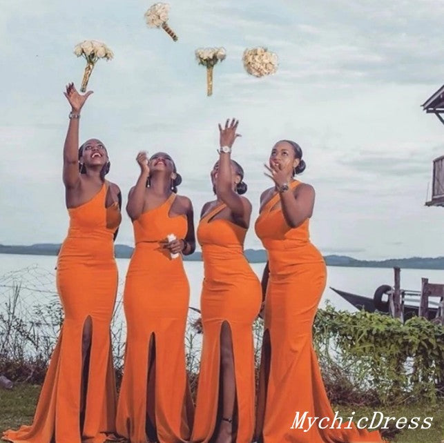 One Shoulder Orange Wedding Guest Dresses Mermaid Bridesmaid Dresses with Split MyChicDress