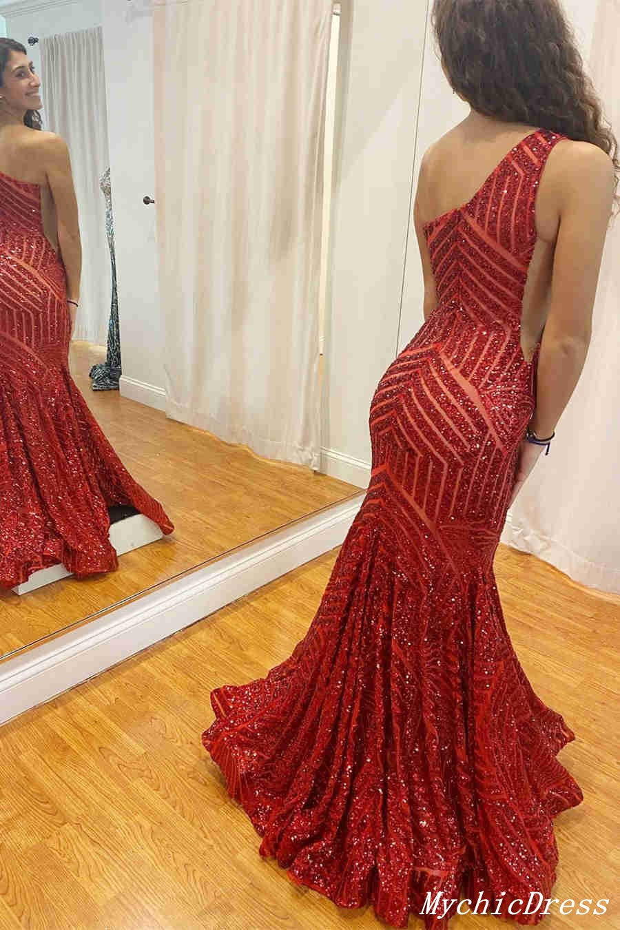 One Shoulder Sequin Prom Dresses 2024 Long Mermaid Evening Gown MyChicDress