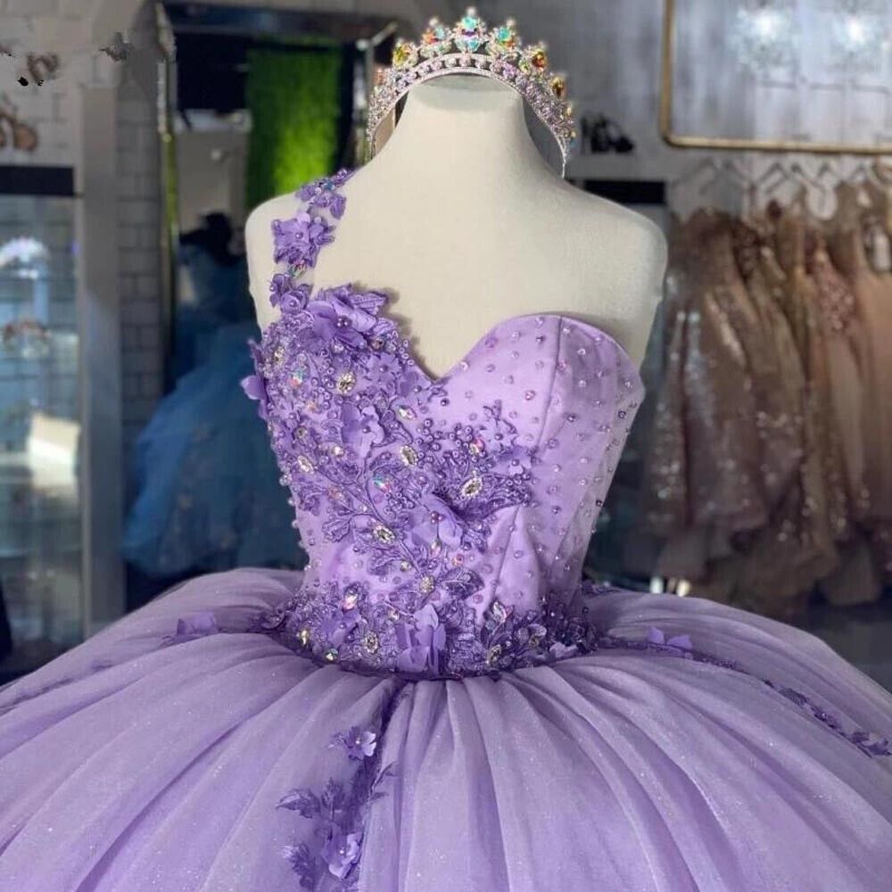 One Shoulder Purple Quinceanera Dresses Ball Gown 3D Flowers Sweet 16 Party Dress