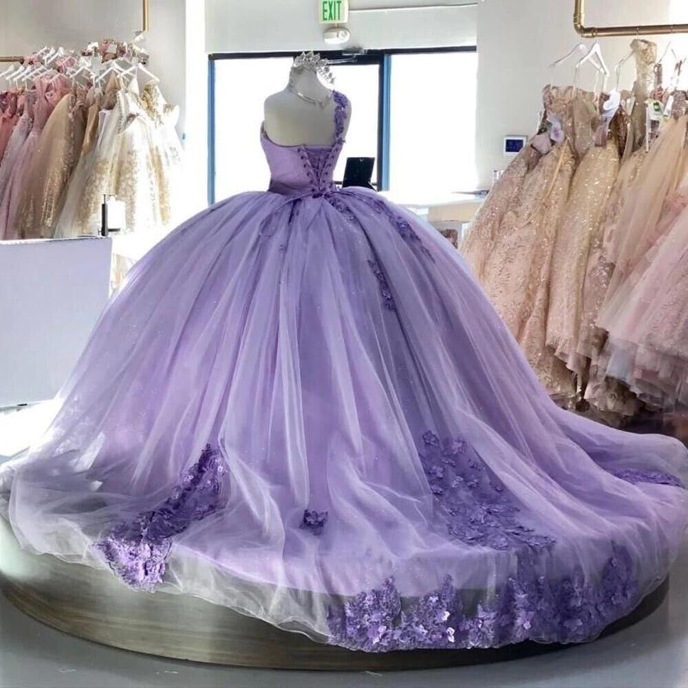One Shoulder Purple Quinceanera Dresses Ball Gown 3D Flowers Sweet 16 ...
