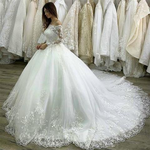 Princess Long Sleeves Off the Shoulder Lace Ball Gown Wedding Dresses ...