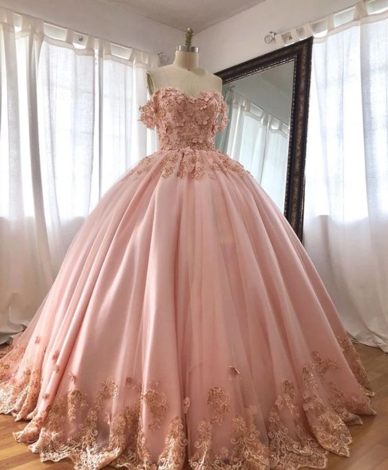 Pink Embroidered Lace Ball Gown Quinceanera Dresses Off Shoulder MyChicDress