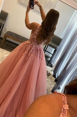 Pink Lace 2024 Prom Dresses Long Sexy Formal Dresses with Beaded MyChicDress