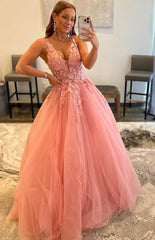 Pink Lace 2024 Prom Dresses Long Sexy Formal Dresses with Beaded MyChicDress