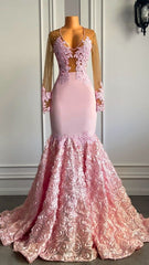 Pink Long Sleeves Lace Prom Dresses Mermaid Tulle Evening Formal Gown MyChicDress