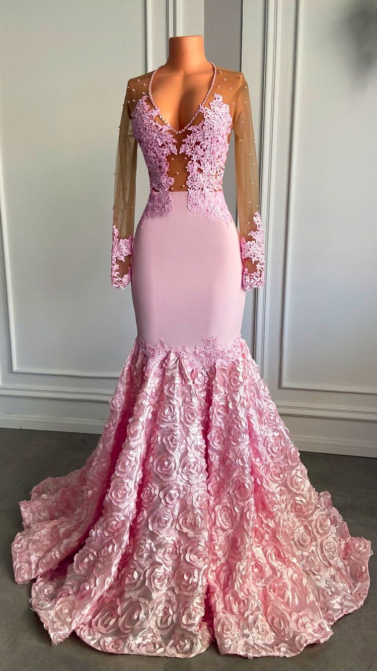 Pink Long Sleeves Lace Prom Dresses Mermaid Tulle Evening Formal Gown MyChicDress