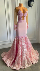 Pink Long Sleeves Lace Prom Dresses Mermaid Tulle Evening Formal Gown MyChicDress