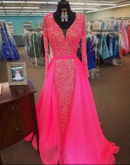 Pink Sequin Prom Dresses Long Sleeves V Neck Evening Gowns with Train MyChicDress