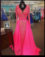 Pink Sequin Prom Dresses Long Sleeves V Neck Evening Gowns with Train MyChicDress