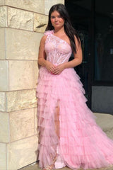 Plus Size Lace Prom Dresses One Shoulder Multi-Tiered with Ruffles MyChicDress