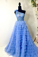 Plus Size Lace Prom Dresses One Shoulder Multi-Tiered with Ruffles MyChicDress