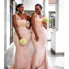 Plus Size One Shoulder Peach Bridesmaid Dresses Long Wedding Guest Dress MyChicDress