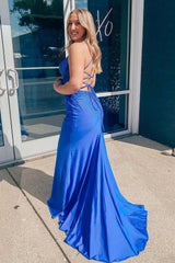 Plus Size Prom Dresses Sparkly Royal Blue Sequins Long Formal Dress Spaghetti Straps MyChicDress