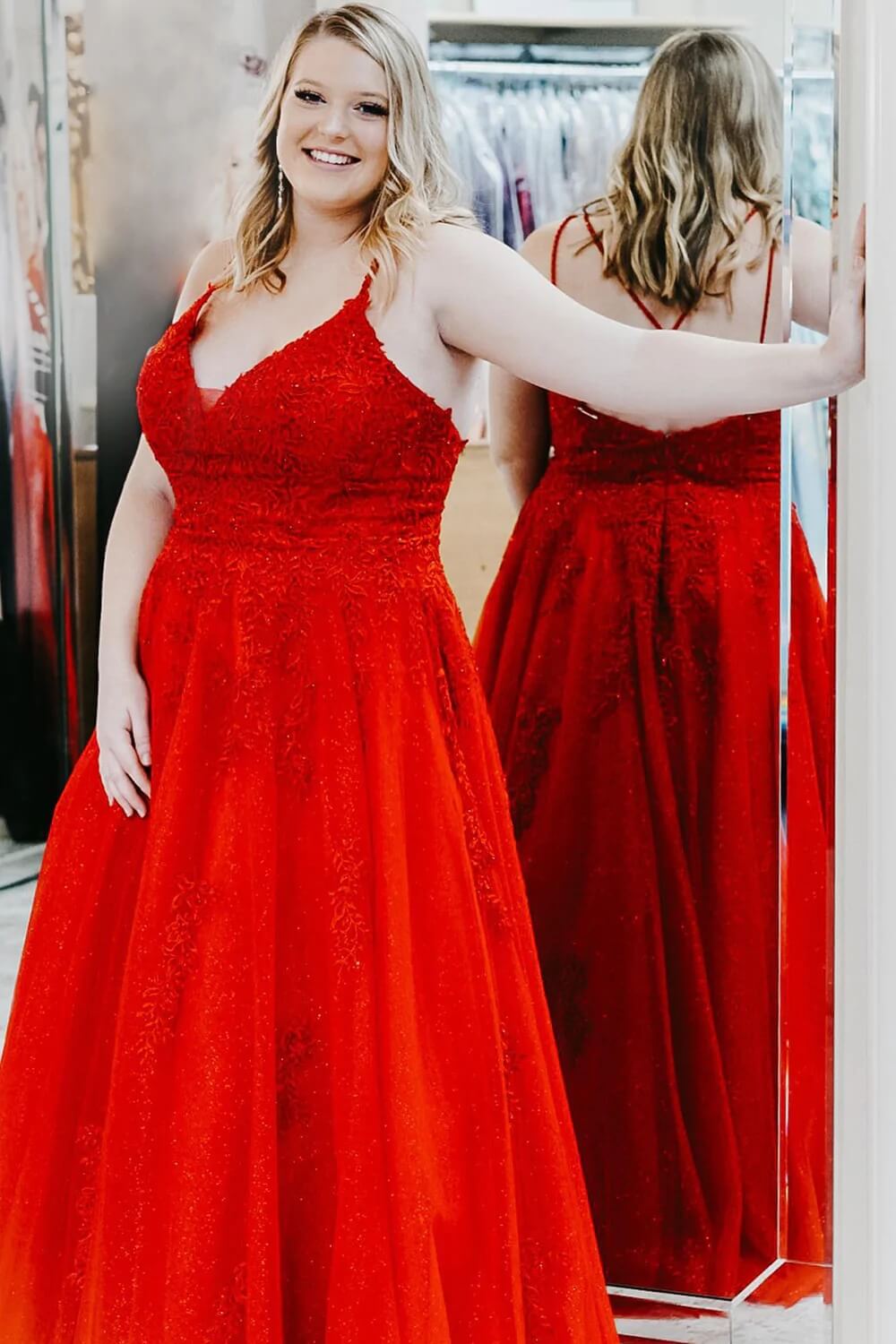 MyChicDress Plus Size Red Lace Prom Dresses Sleeveless Long with Applique Custom Size Same As Picture