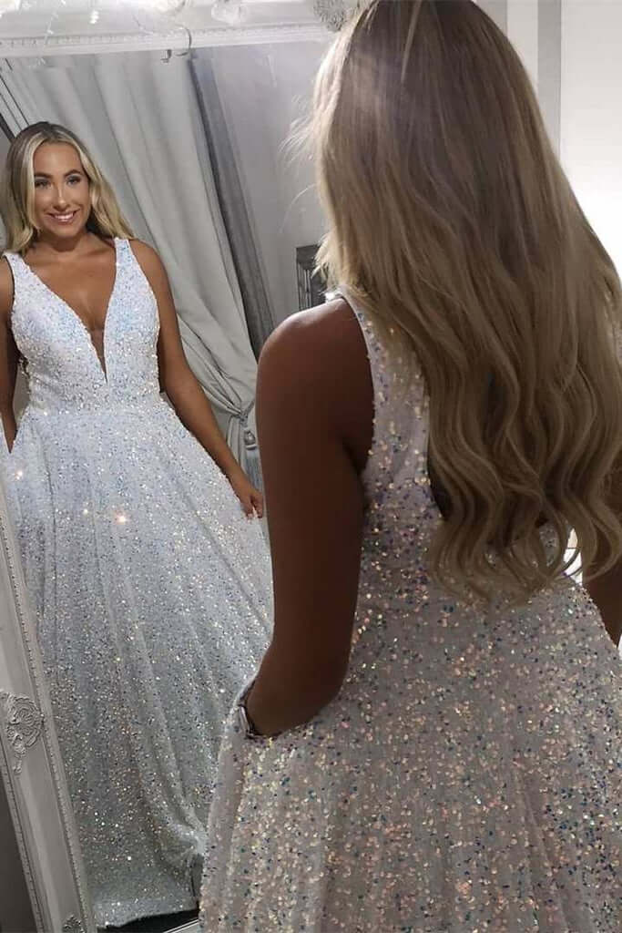 Plus Size White Sequin Iridescent Prom Dress V Neck Backless A Line Formal Dress