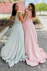 Plus Size White Sequin Iridescent Prom Dress V-Neck Backless A-Line Formal Dress MyChicDress